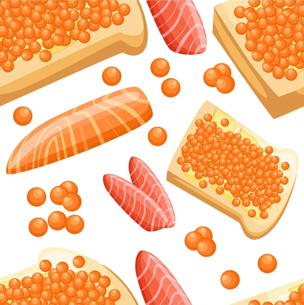 Nahtloses Musterstück Frischer Roter Lachsfischkaviarfilets Und Leckeres Brot Mit Buttervektorillustration — Stockvektor