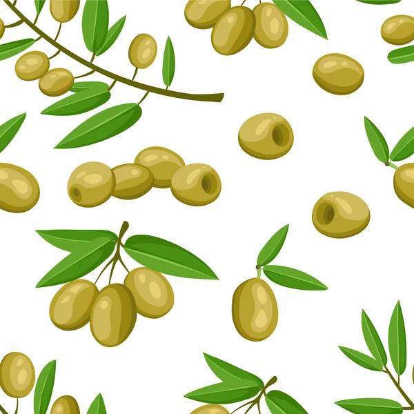 Modèle Sans Couture Branche Olives Vertes Avec Des Feuilles Légumes — Image vectorielle