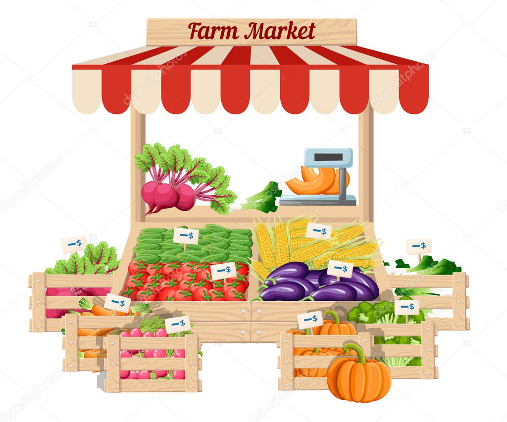 Front view market wood stand with farm food and vegetables in box with weights and price tags vector illustration isolated on white background website page and mobile app design.