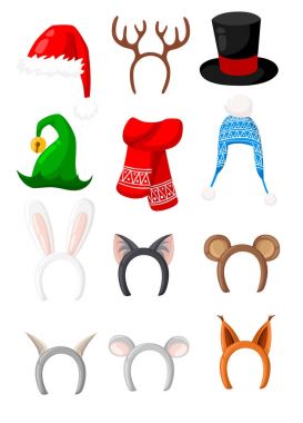 Yeni yıl Noel Baba, tavşan, tilki, kedi, ayı şapka kümesi geyik maskeli balo için tatil headdress öğeleri vektör simgeler illüstrasyon izole beyaz arka plan web sitesi sayfası ve mobil uygulaması tasarım kostümler..