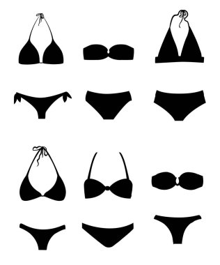 Yüzme siyah takım elbise ve bikini simgesi toplama farklı düz simgeler siluet düz stil vektör illüstrasyon izole beyaz arka plan Web sayfası ve mobil uygulaması tasarım ayarla.