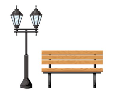 Açık ahşap tezgah ve metal sokak park cottage için önden görünüm nesne ışık ve vektör illüstrasyon izole beyaz arka plan Web sayfası ve mobil uygulaması tasarım bahçesinde