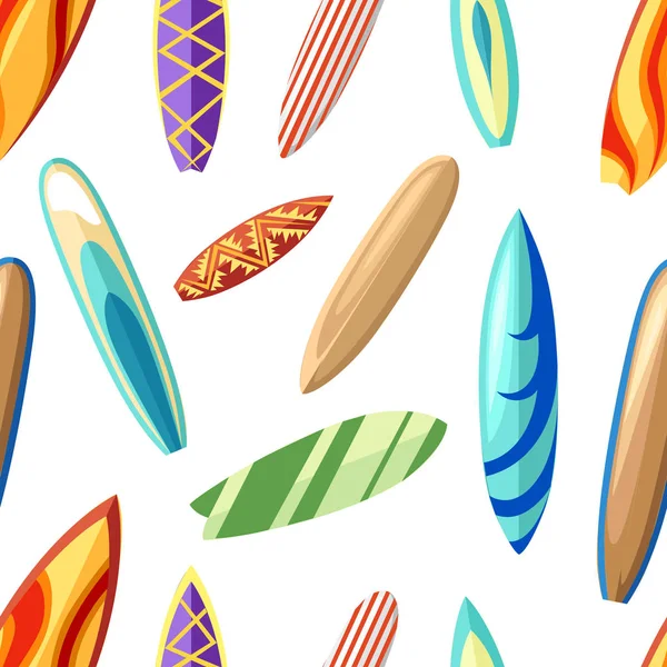 Naadloze Patroon Met Verschillende Kleurrijke Surfplanken Cartoon Stijl Vectorillustratie Witte — Stockvector