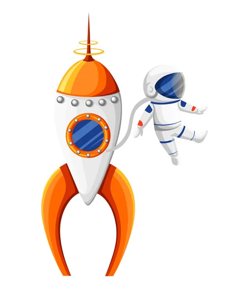 Kreslený astronaut skafandr poblíž rakety v nulové gravitaci oranžové a bílé kosmické lodi vektorové ilustrace izolované na bílém pozadí stránky a design mobilní aplikace — Stockový vektor