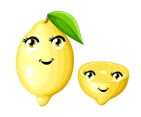 Lemon segar dengan daun dan setengah kartun lemon tersenyum buah dengan mata dan mulut gaya kartun vektor ilustrasi terisolasi pada halaman situs web latar belakang putih dan desain aplikasi mobile - Stok Vektor