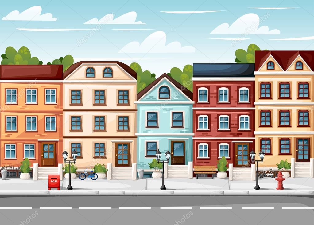 Street with colorful houses fire hydrant lights bench red mailbox and bushes in vases cartoon style vector illustration website page and mobile app design