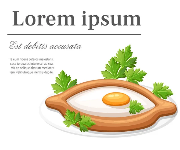 Adjarian khachapuri dengan ramuan baru dipanggang roti datar diisi dengan keju dan telur mentah vektor datar ilustrasi pada latar belakang putih dengan tempat untuk halaman situs web teks dan desain aplikasi mobile - Stok Vektor