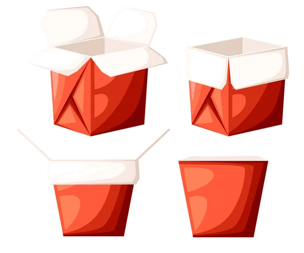 Restaurante chino para llevar caja de comida roja en forma diferente ilustración de vectores abiertos y cercanos aislados en la página del sitio web de fondo blanco y diseño de aplicaciones móviles — Archivo Imágenes Vectoriales