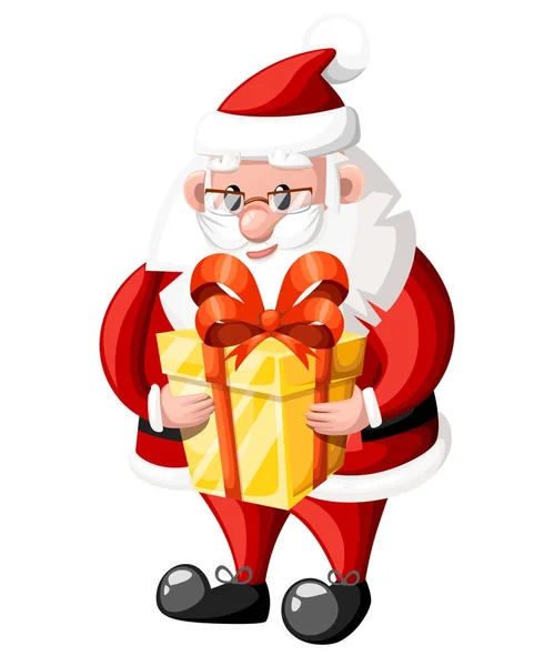 Papai Noel Segurar Caixa Presente Ouro Com Vermelho Arco Vetor — Vetor de Stock