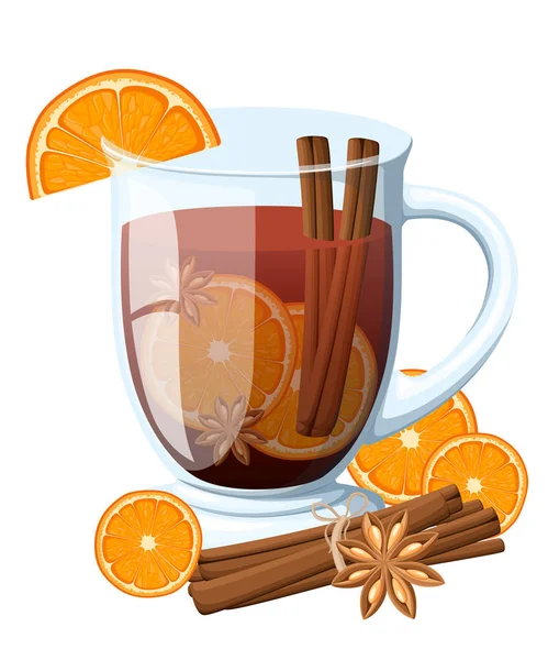 Glühwein Mit Orangenscheibe Und Zimtstange Einer Transparenten Tasse Vektor Illustration — Stockvektor