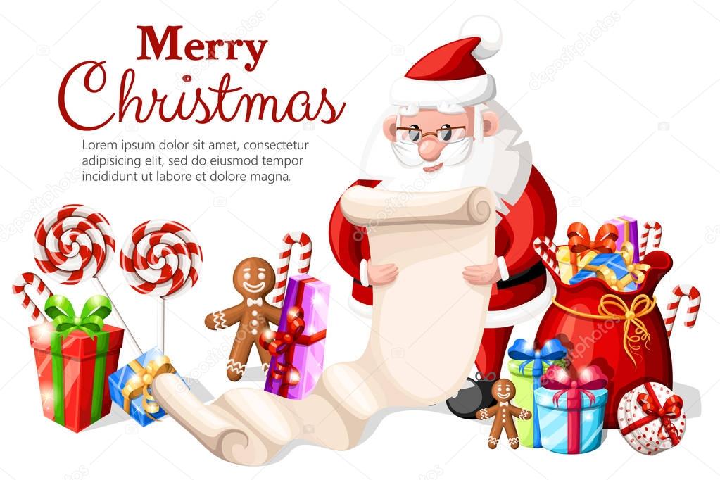 Santa Claus checking list with different gift box a bag with presents lollipops and gingerbread vector illustration with place for your text isolated on white background website page and mobile app.