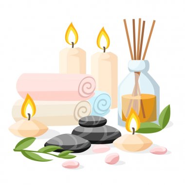 Derma spa aletleri ve aksesuarları siyah bazalt masaj havlu mumlar ve petrol vektör çizim kadar beyaz ve mavi arka plan, metin için yer ile haddelenmiş otlar taşlar.