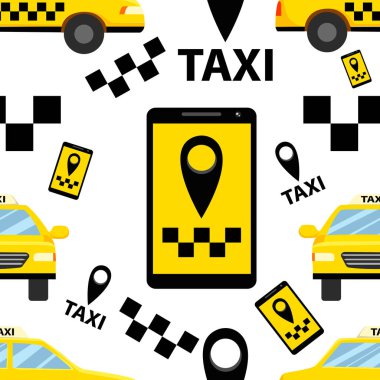 Taksi taşımacılığı hizmeti smartphone logo ve araba vektör çizim beyaz arka plan Web sayfası ve mobil uygulaması tasarım seamless modeli.