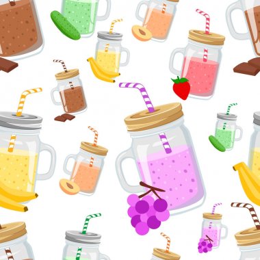 Dikişsiz desen smoothie malzemeler muz salatalık çikolata şeftali üzüm vektör çizim beyaz arka plan Web sayfası ve mobil uygulaması tasarım ile götürün.