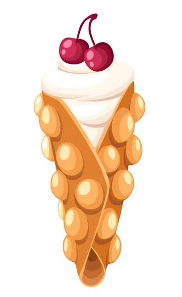 Waffle Hong Kong Com Cereja Chantilly Ilustração Vetorial Isolado Página — Vetor de Stock