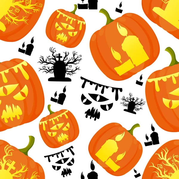 Naadloze Patroon Van Decoratieve Halloween Pompoenen Met Verschillende Ontwerp Vectorillustratie — Stockvector