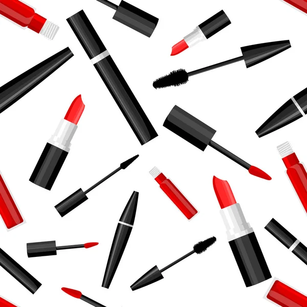 Modèle Sans Couture Tube Mascara Maquillage Illustration Vectorielle Rouge Lèvres — Image vectorielle