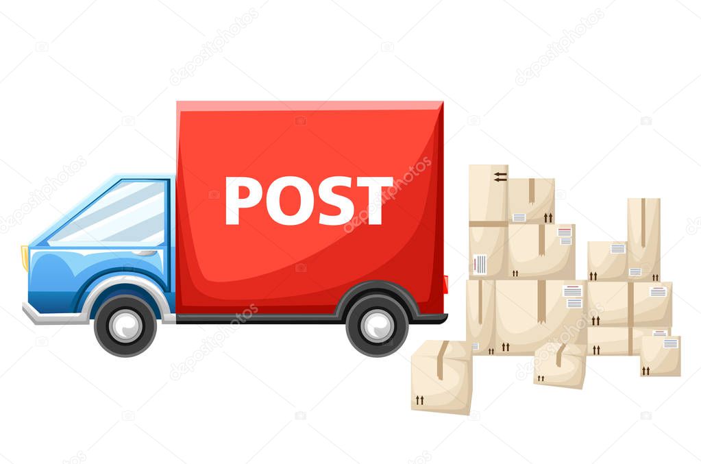 Blue postal car with parcels box vector illustration isolated on white background website page and mobile app design.