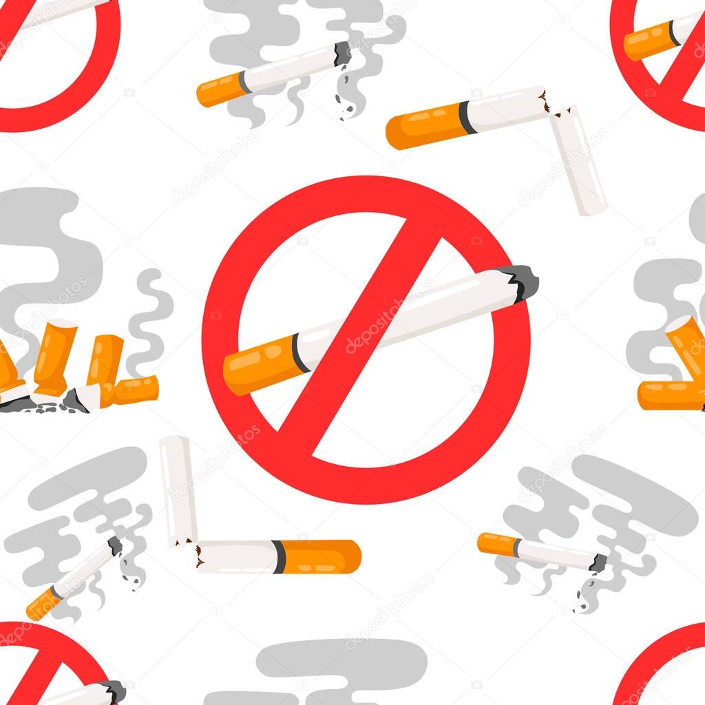 Seamless pattern of no smoking forbidden signs with flat cigarette with smoke vector illustration on white background website page and mobile app design.