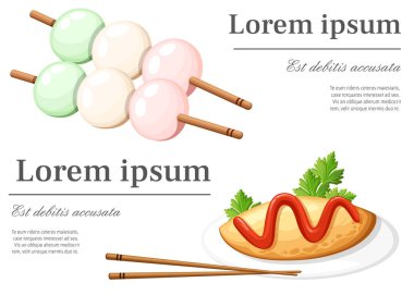 Japon gıda tatlı pirinç tatlı farklı renk dango ve omuraisu pirinç omlet yer metin Web sayfası ve mobil uygulaması tasarımı ile beyaz arka plan üzerinde izole ot vektör çizim ile.