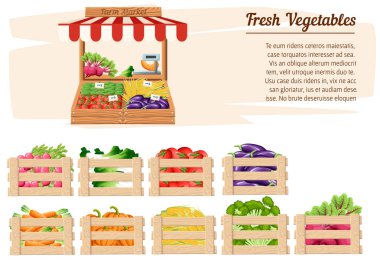 Çiftlik Gıda ve sebze ağırlıkları ile Aç kutusuna vektör ve fiyat etiketleri, metin resimde beyaz arka plan Web sayfası ve mobil uygulaması tasarım için yer ile ile Önden Görünüm Pazar ahşap stand.