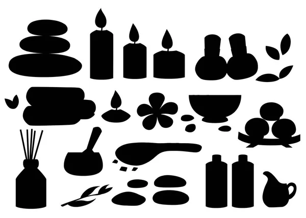 Silhouettes Spa Outils Accessoires Noir Basalte Pierres Massage Herbes Mortier — Image vectorielle