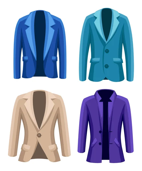 Business ruha-férfi kabát négy kabátok, különböző színű és típusú kék zöld, lila, bézs vektoros illusztráció fehér háttér — Stock Vector
