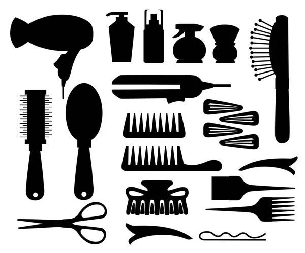 Set collection d'outils professionnels coiffeur et coiffeur outils de coiffure ciseaux sèche-cheveux peigne bouteille et tube épingle à cheveux silhouette vectorielle illustration sur fond blanc — Image vectorielle