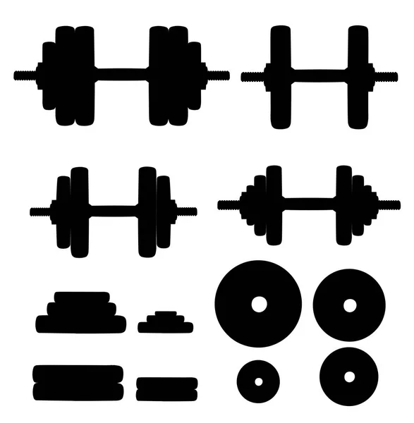 Conjunto de halteres dobrados normais e deformados isolados em equipamentos esportivos brancos força de exercício de levantamento de peso e conceito de ginásio silhueta de ilustração vetorial de estilo plano — Vetor de Stock