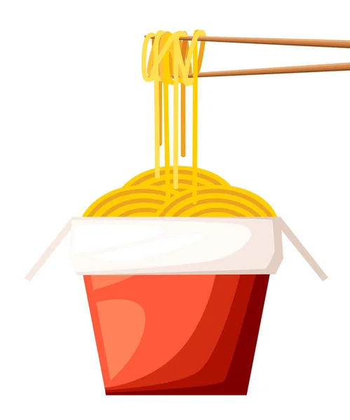 Chinees restaurant take-out rood voedsel doos met noedels en stokken vector illustratie geïsoleerd op witte achtergrondpagina van de website en mobiele app design — Stockvector