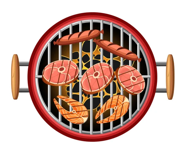 Barbecue design elements grill top view burning coals bbq picnic fish and sausages on red cooking device with wooden handles vector illustration isolated on white background — Vetor de Stock