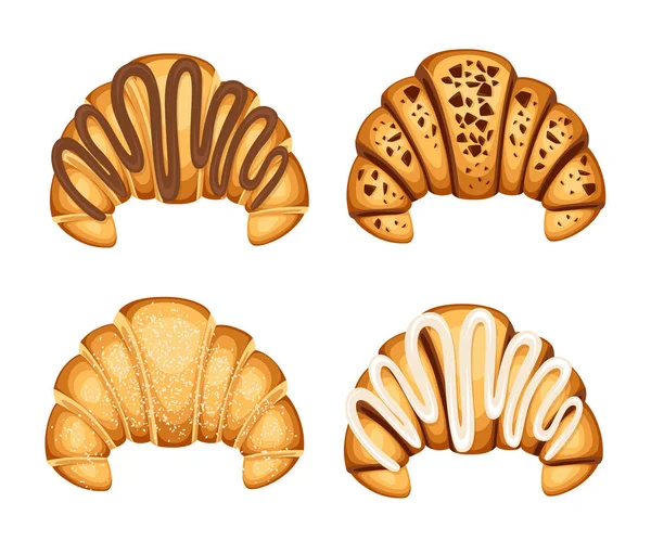 Set croissan met verschillende vullingen room chocolade en sesam op bovenste vectorillustratie geïsoleerd op witte achtergrond — Stockvector