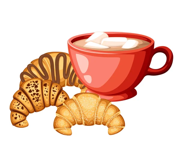 Cacao con malvavisco en taza roja con juego de croissan diferentes rellenos de chocolate crema y sésamo en la parte superior ilustración vectorial aislado sobre fondo blanco — Archivo Imágenes Vectoriales