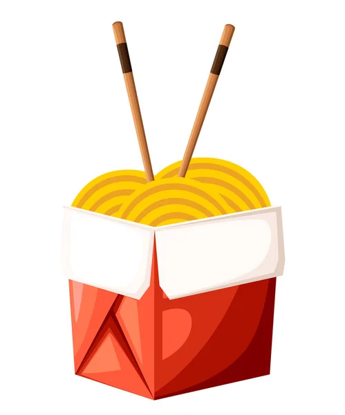 Chinesisches Restaurant Take-out rote Lebensmittelbox mit Nudeln und Sticks Vektorillustration isoliert auf weißem Hintergrund Website-Seite und mobile App-Design — Stockvektor