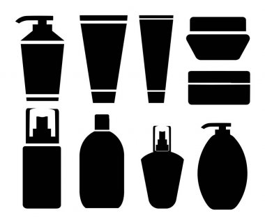 Teneke set siluetleri şampuan kremi maskesi ve beyaz arka plan web sitesi sayfası ve mobil uygulaması tasarım üzerine yüz bakımı ve vücut siyah parlak kozmetik şişe vektör illüstrasyon izole için kozmetik krem