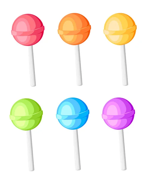Lollipops coleção doces no pau com design torcido doce ícone de ilustração vetor pirulito doce no estilo dos desenhos animados isolado no fundo branco — Vetor de Stock