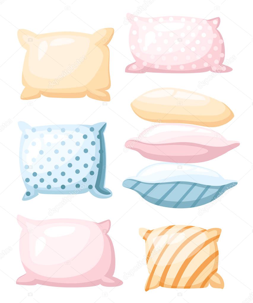 Sleep and rest symbol accessories for night rest pillows of pastel colors with a print striped and dotted in different angles icon in cartoon style isolated on white background.