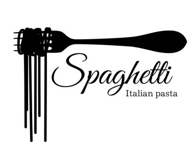 Spagetti bir çatal ile bir yazıt vektör illüstrasyon izole beyaz arka plan web sitesi sayfası ve mobil uygulaması tasarım üzerinde siyah siluet