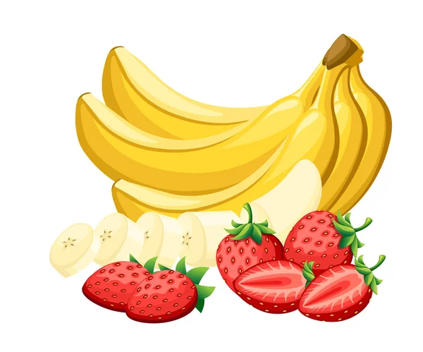 Σύνολο των νωπών φράουλα και μπανάνες κόψτε από τα κομμάτια με το διαφορετικά κόμματα καρτούν εικονογράφηση φορέα φωτεινά φρούτα απομονωθεί σε λευκό φόντο τοποθεσία web σελίδα και σχεδίαση εφαρμογής για κινητά — Διανυσματικό Αρχείο