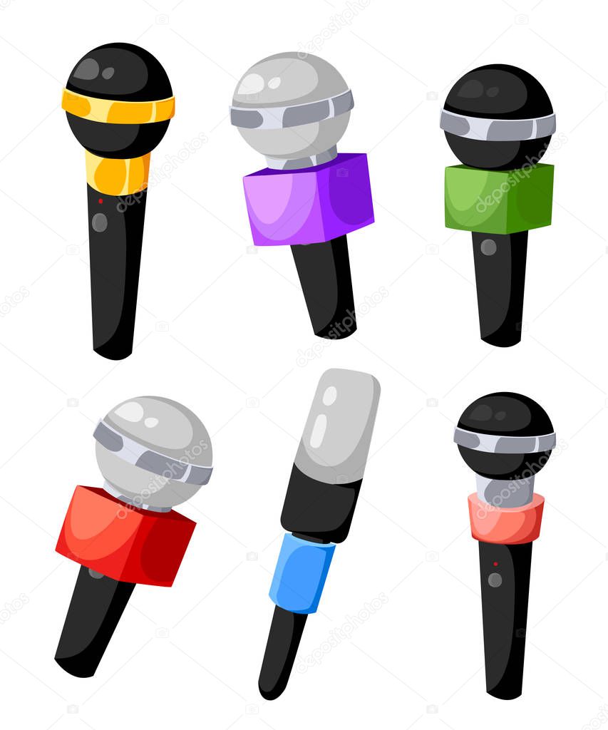 Set of different colors microphones for TV or radio of air microphones for the press of different TV channels vector illustration isolated on white background web site page and mobile app design.