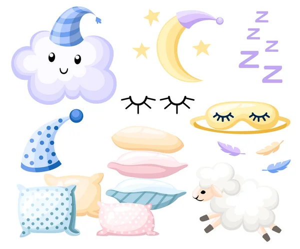 Conjunto de objetos para la tapa del sueño para la almohada sueño diferentes colores cordero nube luna vendaje para los ojos en fondo blanco vector ilustración página del sitio web y el diseño de aplicaciones móviles — Archivo Imágenes Vectoriales