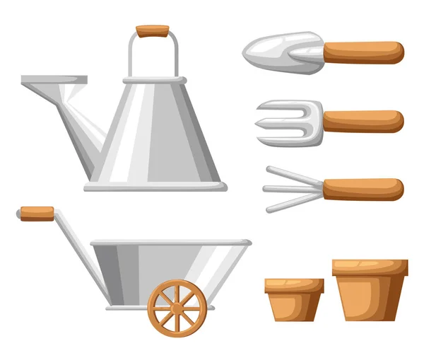 Conjunto de objetos para riego de hierro jardín puede pala macetas rastrillo en fondo blanco vector ilustración página del sitio web y diseño de aplicaciones móviles — Vector de stock