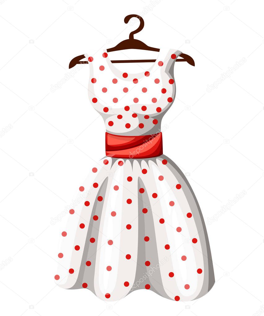 Polka dot dress white dress in red dotted with red belt hanging on wooden hanger vector illustration isolated on white background web site page and mobile app design