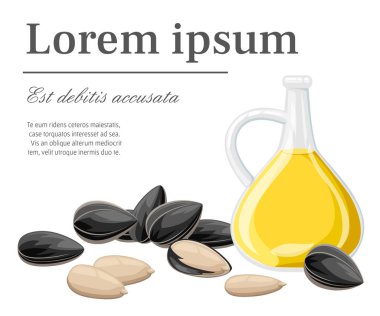 Ayçiçeği tohumu bir kabuk ve yemeye hazır olmadan cam sürahi vektör çizim yer ile ayçiçeği yağında beyaz arka plan web sitesi sayfası ve mobil uygulaması tasarım izole metniniz için snack