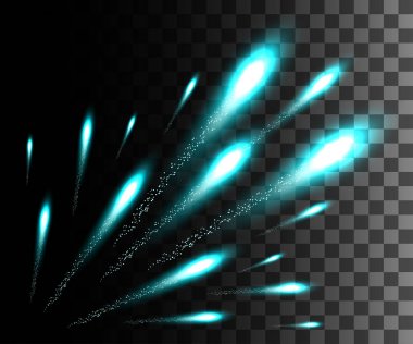 Parlayan koleksiyonu. Turkuaz havai fişek, ışık efektleri üzerinde şeffaf arka plan izole. Güneş ışığı mercek parlaması, yıldız. Parlayan öğeleri. Tatil havai fişekler. Vektör çizim
