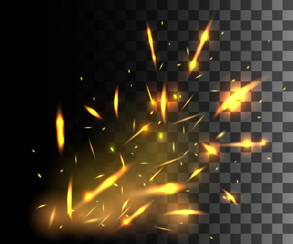 Flamme de feu avec des étincelles qui volent vers le haut de particules lumineuses sur fond transparent foncé — Image vectorielle