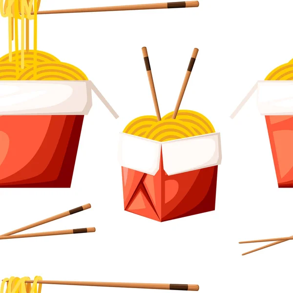 Patrón sin costuras de restaurante chino llevar caja de comida roja con fideos y palos ilustración vectorial en la página del sitio web de fondo blanco y diseño de aplicaciones móviles — Vector de stock
