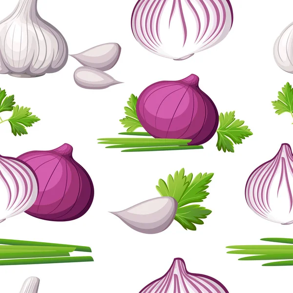 Seamless pattern of fresh red onion and white garlic vegetable from the garden organic food vector illustration isolated on white background web site page and mobile app design — Stock Vector