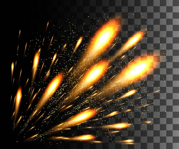 Colecţie strălucitoare. Artificii de aur, efecte luminoase izolate pe fundal transparent. Lentile cu lumină solară, stele. Elemente strălucitoare. Focuri de artificii. Ilustrație vectorială — Vector de stoc