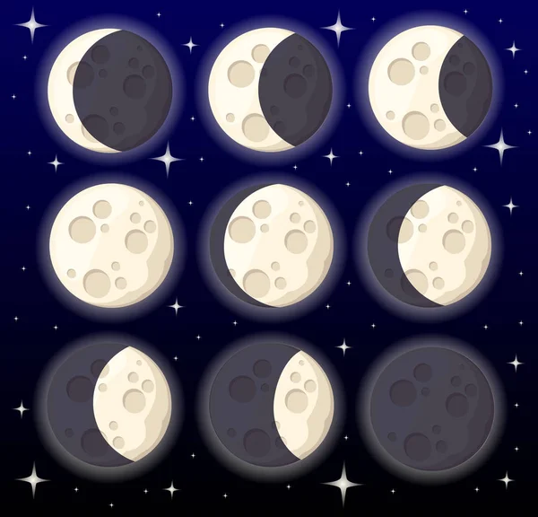 Conjunto de diferentes fases de la luna objeto espacial satélite natural de la ilustración vectorial de la tierra aislado en el estilo de fondo página del sitio web y el diseño de aplicaciones móviles — Vector de stock